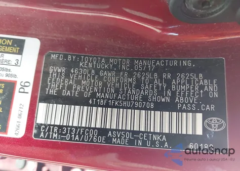 2017 Toyota Camry Le from USA, damaged, VIN 4T1BF1FK5HU790708
